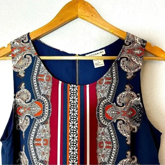 Artisan NY Womens Navy Burgundy Paisley Border Print Sleeveless Shift Dress 6 - Picture 9 of 10
